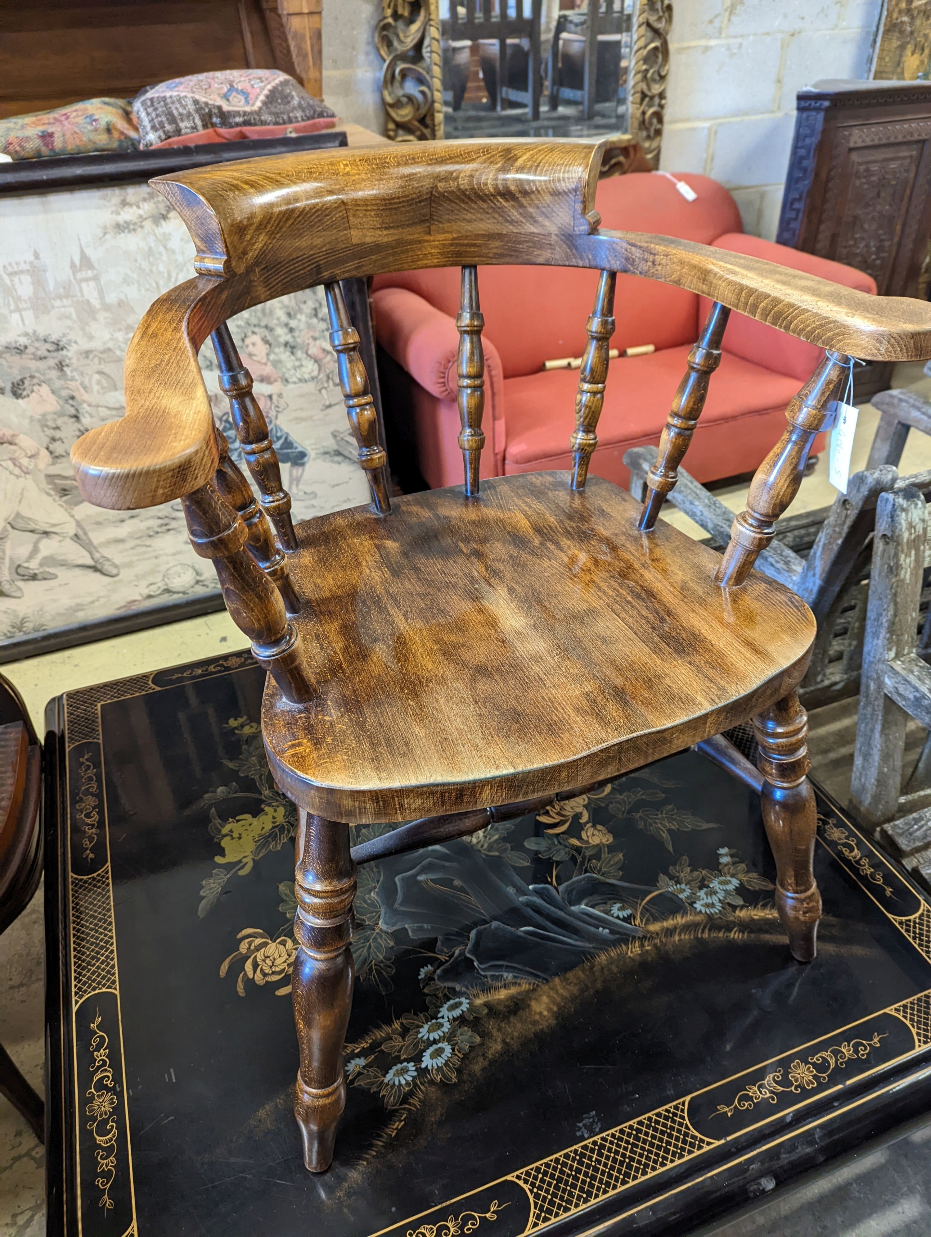 A Victorian style beech smoker's bow chair, width 63cm, depth 45cm, height 80cm